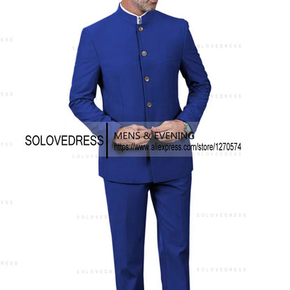Classic 2 Piece Men's Slim Fit Solid Color Stand Collar Wedding Suit (Blazer+Pants?