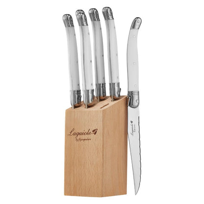 Conjunto de Facas de Churrasco Laguiole em Aço Inoxidável 6/7 Peças, Facas de Churrasco com Suporte de Madeira, Faca de Jantar de Aço, Conjunto de Talheres Coloridos de Natal