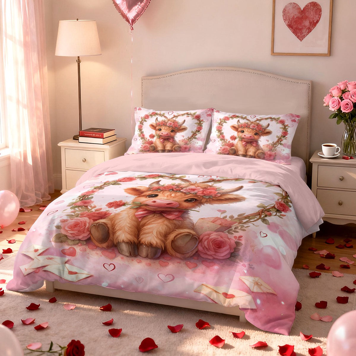 3pcs Pink Romantic Valentine's Day Highland Cow Print Coreless Bedding Set Multi Size Bedding Decoration Machine Washable