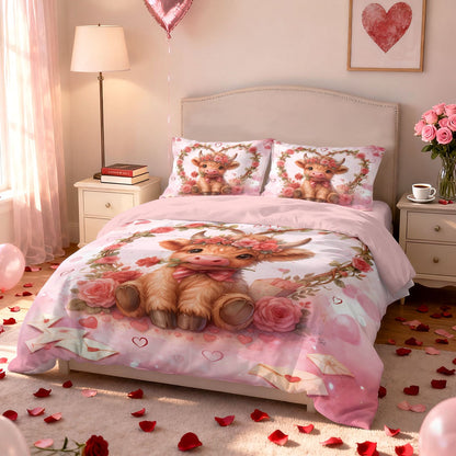 3pcs Pink Romantic Valentine's Day Highland Cow Print Coreless Bedding Set Multi Size Bedding Decoration Machine Washable