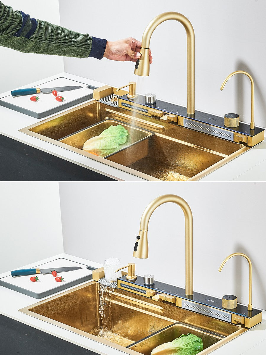 Large 304 Kitchen Sinks 75x45cm Stainless Steel Kitchen Waterfall Sink Digital Display Large Single Sink Dish Washer Faucet