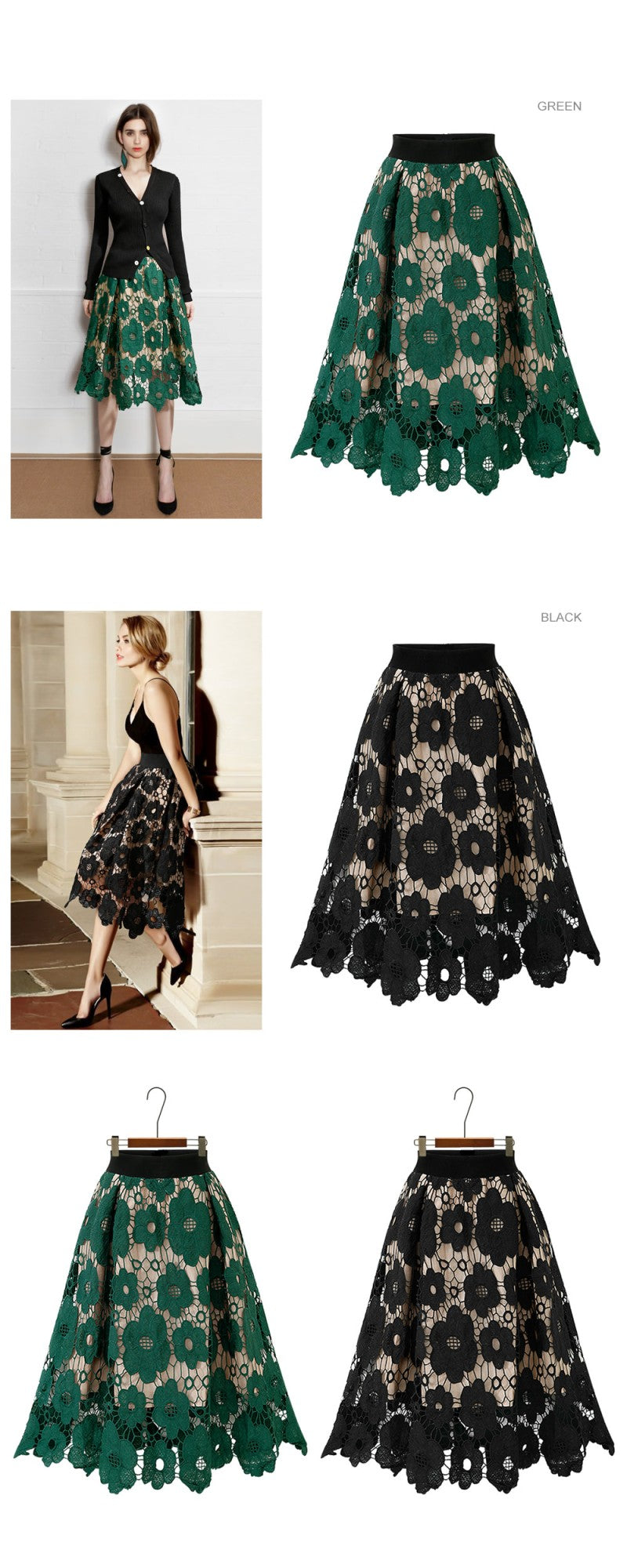 Summer Boho Lace Skirts Women Vintage Mesh Hollow Out Plus Size Skirt Elastic Waist Elegant  A-Line Midi Saias Black Red Green