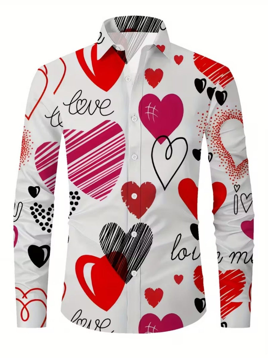 New men's long-sleeved heart-pattern single-button shirt - suitable for formal parties, dates, daily wear. Quick delivery.