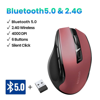 Mouse sem fio UGREEN Bluetooth 5.0 Mouse ergonômico 4000DPI 6 botões silenciosos Mouse para MacBook Tablet Laptops Computador PC 2.4G