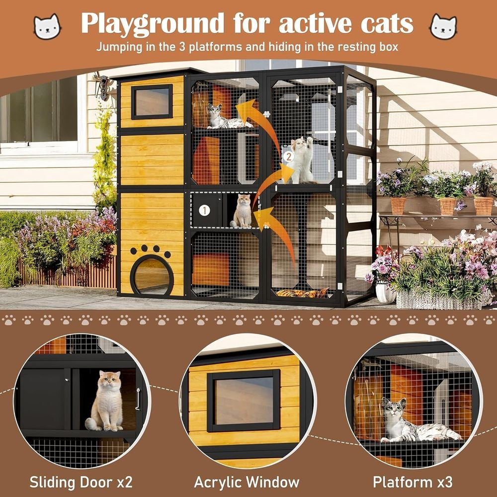 Gatil Externo de Vários Níveis, Resistente às Intempéries, com Plataformas e Quartos para Vários Gatos, Anexado à Janela, Marrom