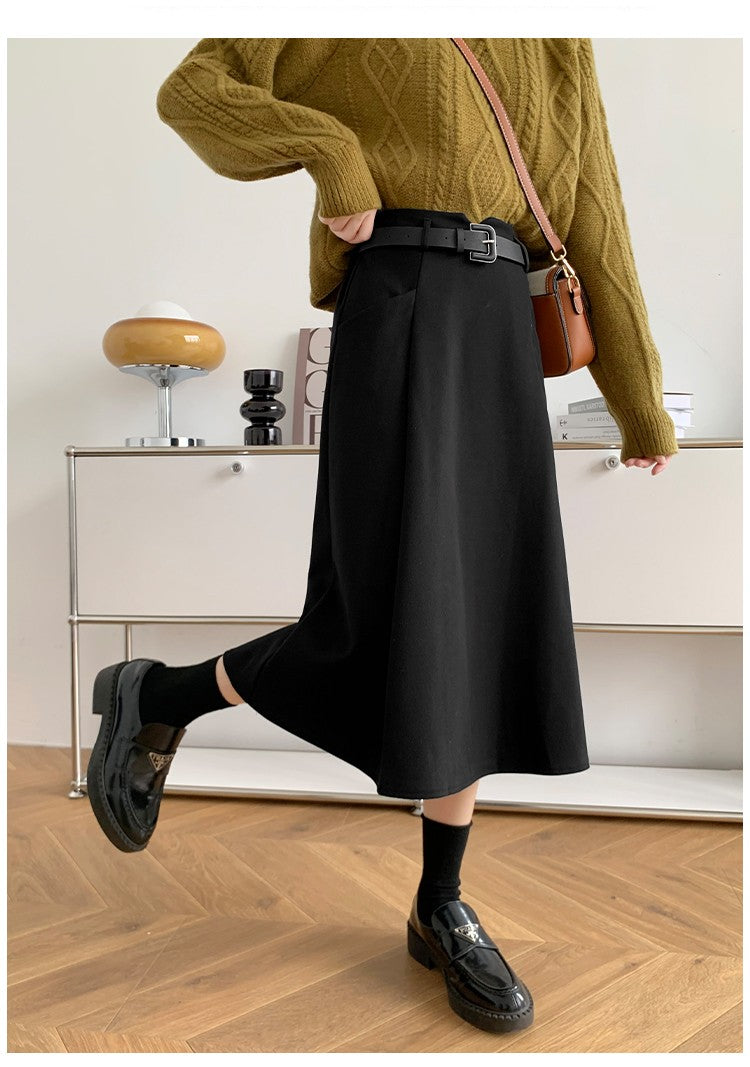 Plus Size Woolen Skirt Women 2024 Autumn Winter New Arrivals High Waist A Line Skirt With Belt Korean Fashon Skirts Womens