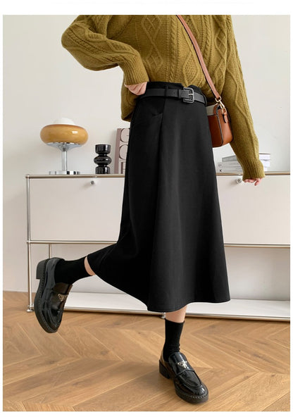 Plus Size Woolen Skirt Women 2024 Autumn Winter New Arrivals High Waist A Line Skirt With Belt Korean Fashon Skirts Womens