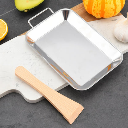 Stainless Steel Rectangle Plate Removable Anti-scalding Wooden Handle Tray Barbecue Grill for Outdoor BBQ  Sushi Tray, Cake Tray