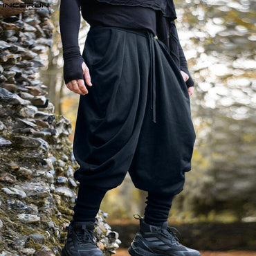 INCERUN Men Pants Solid Color Drawstring Joggers Casual Male Harem Pants Streetwear Loose Fashion Leisure Trousers Men S-5XL