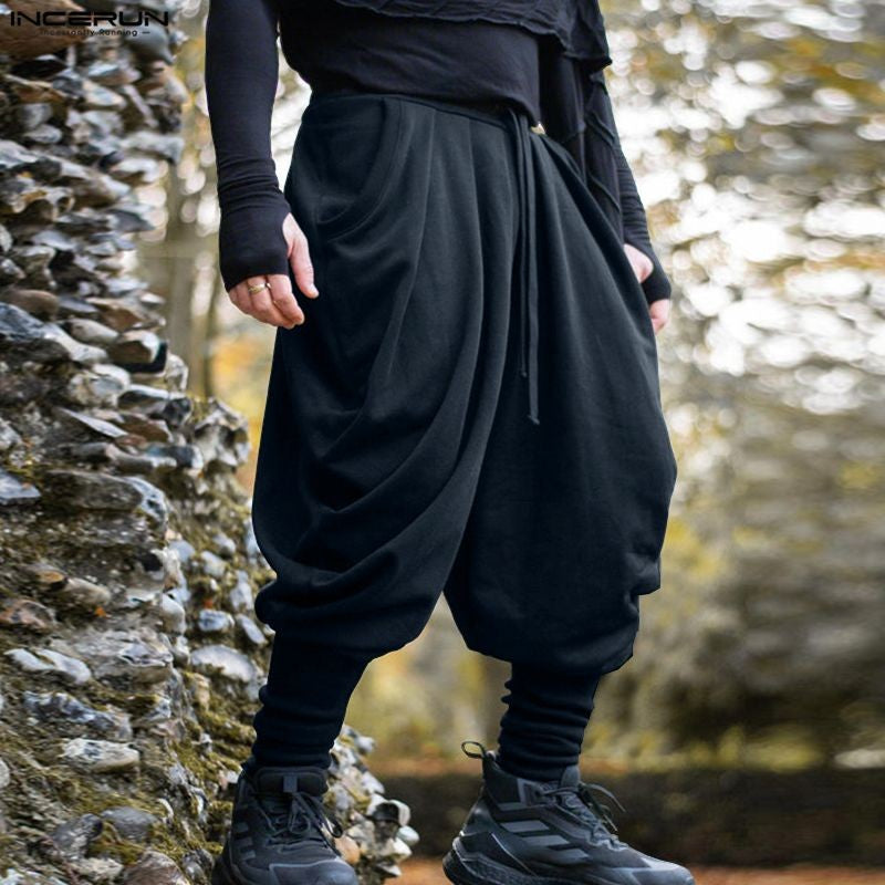 INCERUN Men Pants Solid Color Drawstring Joggers Casual Male Harem Pants Streetwear Loose Fashion Leisure Trousers Men S-5XL