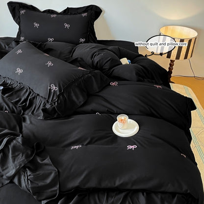 3pcs bow embroidery Bedding set ruffles Duvet Cover Set (1*Duvet Cover + 2*Pillowcase, Without Core)for bedroom guest room