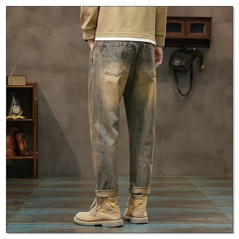 Autumn and Winter Men's Loose 95% Cotton Jeans Retro Yellow Mud  Street Hip-hop Baggy Harem Pants Outdoor Boys Workwear Pants