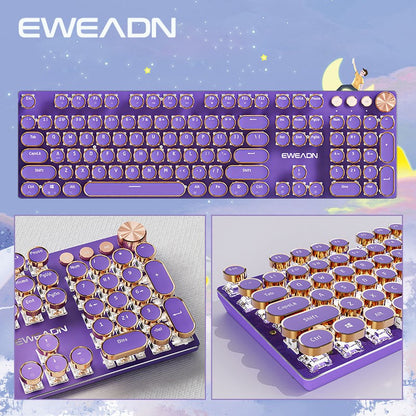 EWEADN V20 Punk Typewriter Teclado Mecânico para Jogos, 104 Teclas Redondas com Retroiluminação LED Branca, Design de Cabo Removível