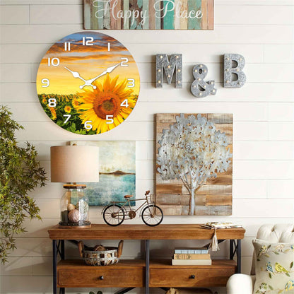 1pc wooden wall clock, Sunflower Garden design wall clock at sunset, round silent clock, for living room bedroom, room decoratio