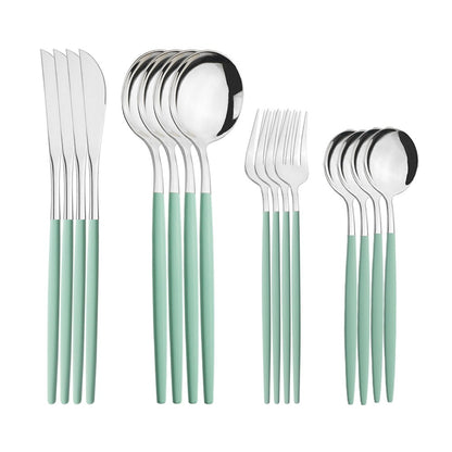 Conjunto de 16 talheres de aço inoxidável Verde Menta, facas, garfos, colheres de sobremesa para casa, jogo de talheres para cozinha