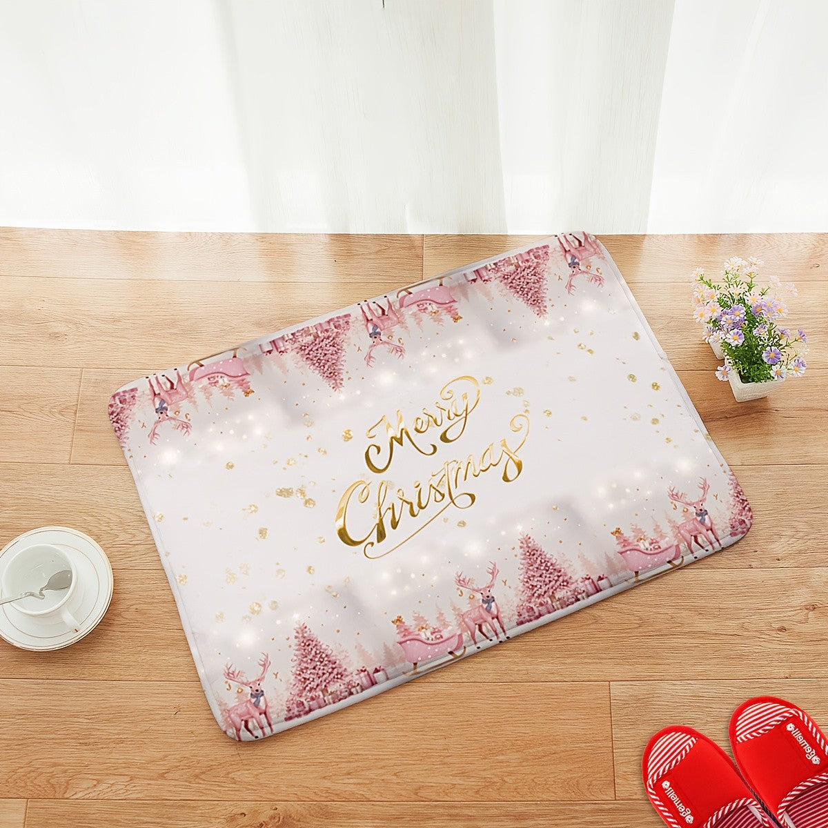 VIKAMA Pink Minimalist Christmas-themed Rug Bedroom, Living Room, Hallway Entrance Mat Soft Comfortable Floor Mat Home Decor