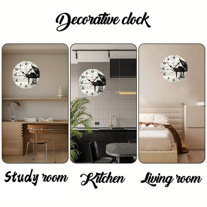 Elegant Piano Notes Wooden Round Silent Hanging Wall Clock, Suitable For Living Room,Office,Study Room, Bedroom, Home Decoration