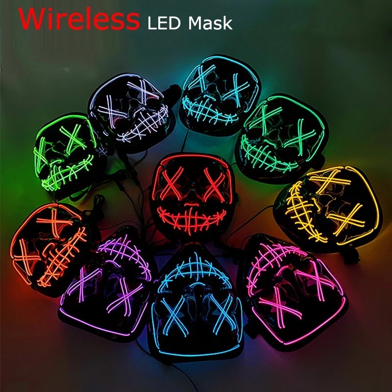 Wireless Neon LED Purge Mask Multi Glow Horror Face Cover Unisex Light Up Headgear For Halloween Masquerade Carnival Cosplay