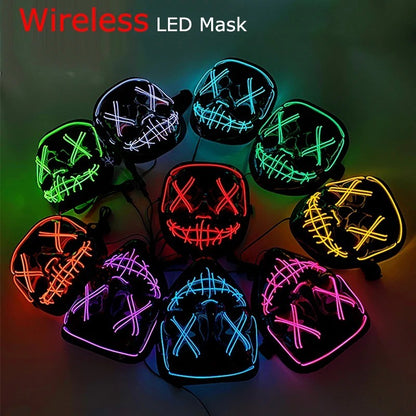 Wireless Neon LED Purge Mask Multi Glow Horror Face Cover Unisex Light Up Headgear For Halloween Masquerade Carnival Cosplay