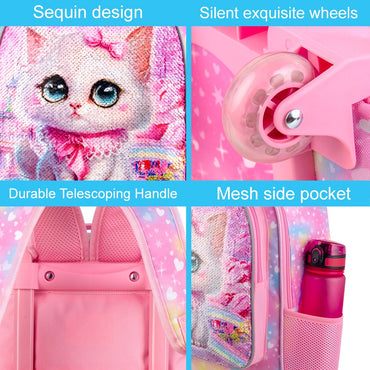 4PCS Rolling Backpack for Girls, Kids Cat Roller Wheels School Bookbag with Lunch Bag, Wheeled School Bag for Toddler Elementary