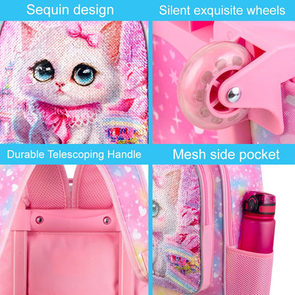 Mochila de Rodinhas 4 Peças para Meninas, Mochila Escolar com Rodas de Gato para Crianças com Lancheira, Mochila Escolar com Rodas para Crianças Pequenas do Ensino Fundamental
