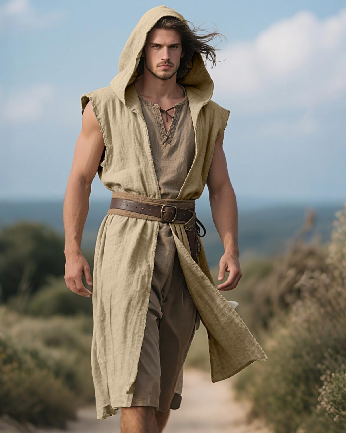 Men's Medieval Hooded Surcoat Renaissance Tabard Sleeveless Tunic Cloak Viking Costume Holloween Assassin Cosplay