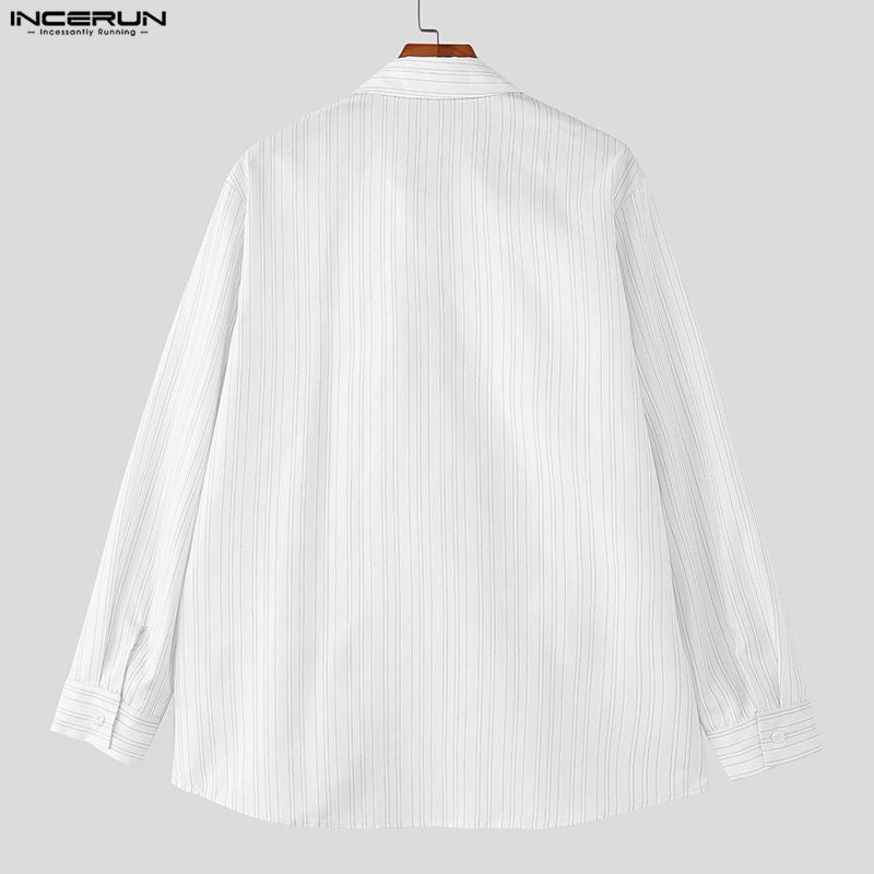 INCERUN Men Striped Shirt Lapel Long Sleeve Lace Up Hollow Out Men Clothing Oversize Korean Style Streetwear Casual Shirts Men