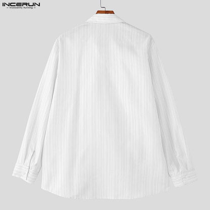 INCERUN Men Striped Shirt Lapel Long Sleeve Lace Up Hollow Out Men Clothing Oversize Korean Style Streetwear Casual Shirts Men