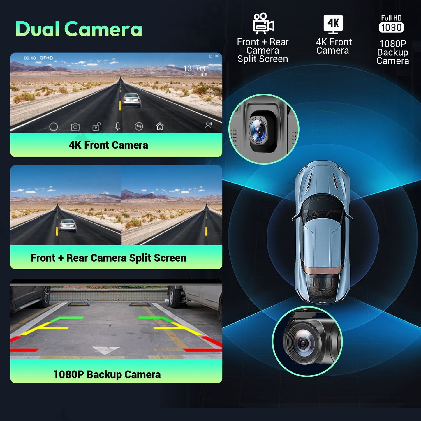 Gravador de vídeo automotivo DVR com tela sensível ao toque de 10,26" 4K, Apple CarPlay sem fio, Android Auto, lente dupla, câmera dupla DVR