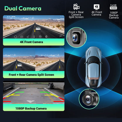 Gravador de vídeo automotivo DVR com tela sensível ao toque de 10,26" 4K, Apple CarPlay sem fio, Android Auto, lente dupla, câmera dupla DVR