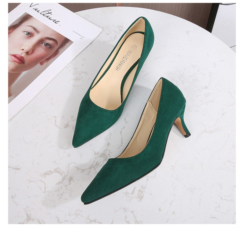 European American Fashionable Pointed High Heels Women With Rhinestone Bows Shallow Mouth Mid-Heeled Single Shoes Silk Satin