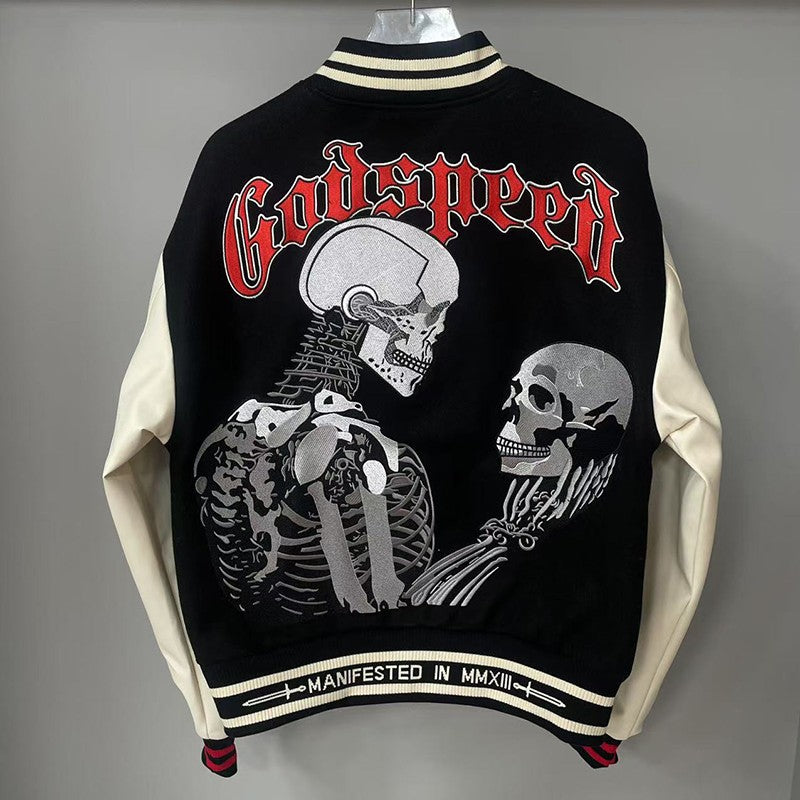 Real Photo GOD SPEED Baseball Jacket American Vintage Patchwork Leather Sleeves Unisex Embroidery Skeleton Jacket Coats