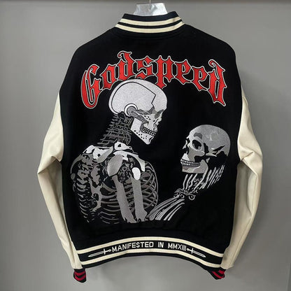 Real Photo GOD SPEED Baseball Jacket American Vintage Patchwork Leather Sleeves Unisex Embroidery Skeleton Jacket Coats