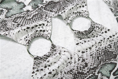 Weird Puss Sexy Snakeskin Maxi Dress Women Chest Hollow Metal Ring Turtleneck Peach Hip Hipster Street Stretch Skinny Bodycon