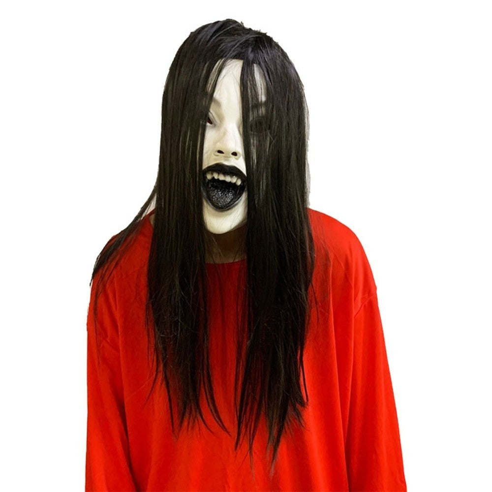 Latex Mask Scary Woman Masks Realistic Long Hair Party Cosplay Costume Ghostface Design Black Lips Creepier Headgear