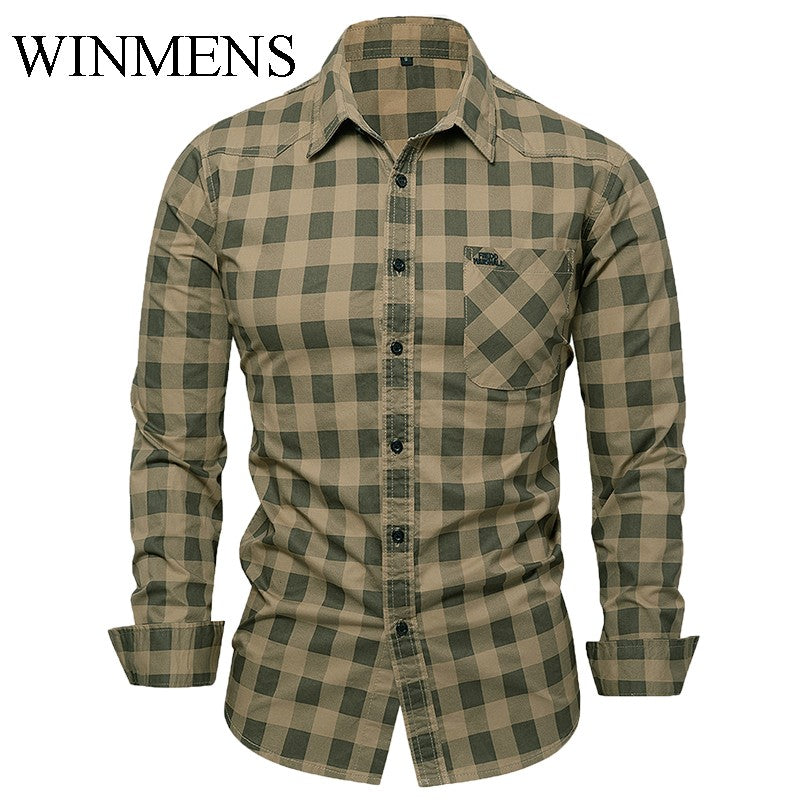 Men's Checked Shirt 2025 Autumn Winter Long Sleeve Quality Cotton Casual Basic Tops Turn-down Collar Relaxed Cargo Shirts