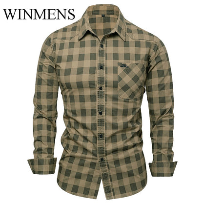 Men's Checked Shirt 2025 Autumn Winter Long Sleeve Quality Cotton Casual Basic Tops Turn-down Collar Relaxed Cargo Shirts
