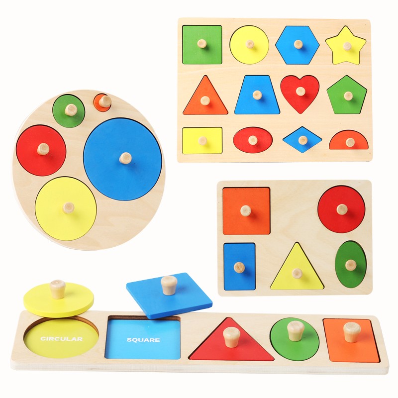 Brinquedos de quebra-cabeça Montessori para bebês de madeira, de encaixe de formas e cores, tábua de raspar à mão, brinquedos cognitivos geométricos de educação infantil