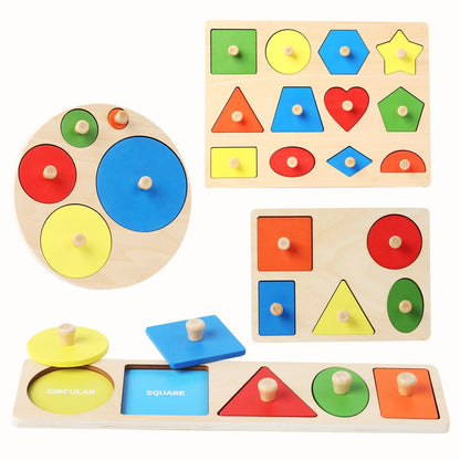 Brinquedos de quebra-cabeça Montessori para bebês de madeira, de encaixe de formas e cores, tábua de raspar à mão, brinquedos cognitivos geométricos de educação infantil