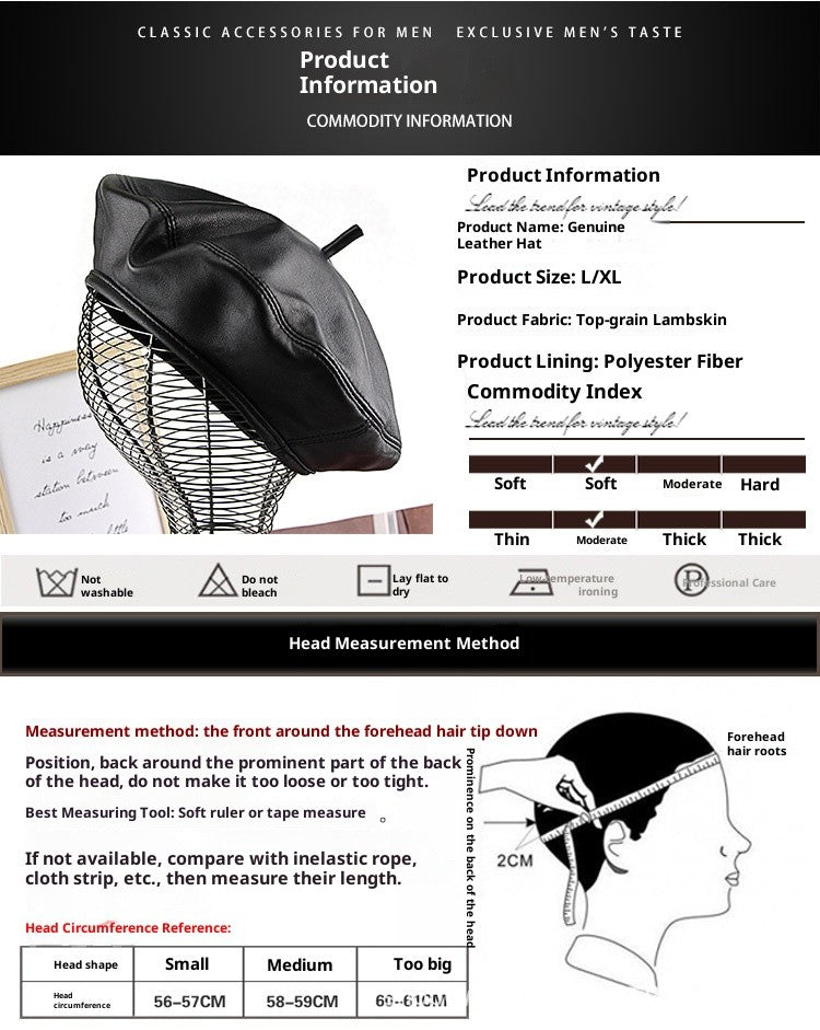 Autumn Winter Women's Genuine Sheep Leather Beret Vintage British Style Painter Hat Versatile Casual Real Leather Headwear