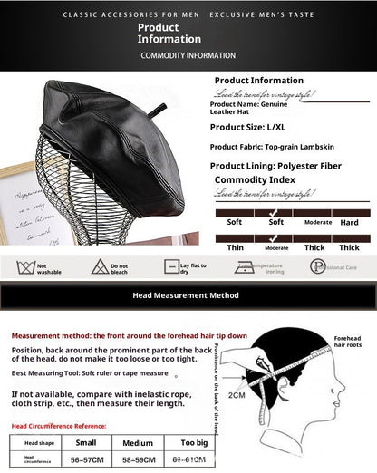 Autumn Winter Women's Genuine Sheep Leather Beret Vintage British Style Painter Hat Versatile Casual Real Leather Headwear