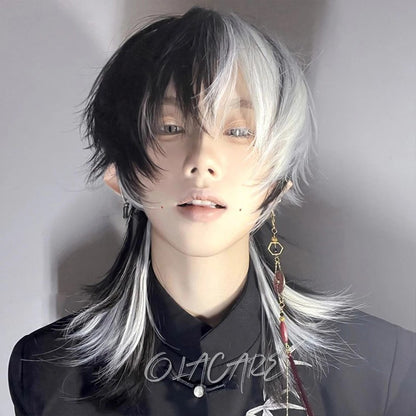 OLACARE Perucas Curta Mullet com Franja Sintética Reta Anime Masculina Preto Branco Cinza Verde Peruca de Cabelo para Festa Diária Cosplay