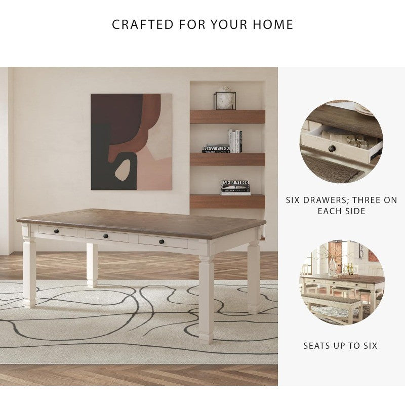 Bolanburg Farmhouse Dining Table, with Drawers & Seats 6, Whitewash Finish