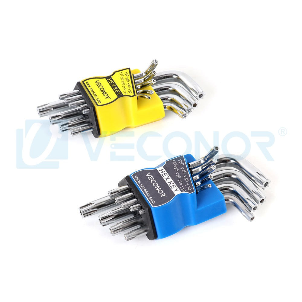 Conjunto de 9 Chaves Torx Allen Estrela de Braço Curto Métricas Duráveis em Aço Cromo Vanádio T10 T15 T20 T25 T27 T30 T40 T45 T50