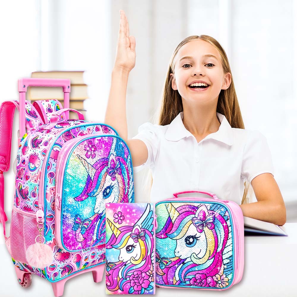 Mochila de Rodinhas de Unicórnio 3 Peças para Meninas, Mochilas Escolares Infantis com Rodas, Mochila de Rodinhas com Lancheira para Pré-Escolares e Ensino Fundamental
