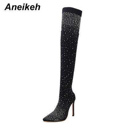 Aneikeh Sexy High Heels Sock Over-the-Knee Boots Pointed Toe Design Crystal Rhinestone Stretch Fabric Pole Dancing Women Shoes