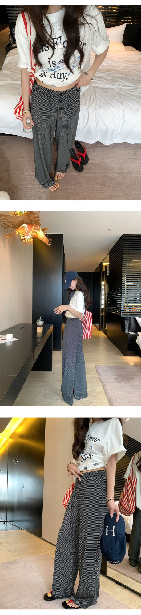 Baishiwang Silk Blend Knitted Pants Women's Summer Loose Casual Drape Long Striped Trousers Versatile Comfortable Long Pants