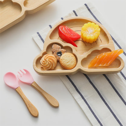 Baby Wooden Tableware Set Could Bamboo Wooden Plate Bowl Silicone Suction Wooden Handle Fork Spoon for Children Feeding Supplies