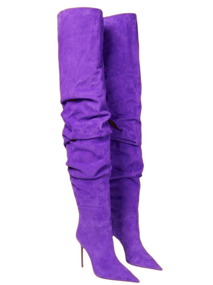 Women's New Pointed Pleated High-heeled Knee High Boots, Autumn and Winter Suede Thigh Boots, Women's Plus Size Stacking Boots