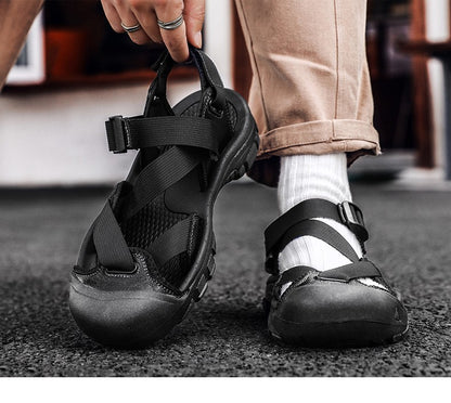 Sandals for Men's Summer New Cowhide Casual Beach Shoes, Genuine Leather for Men's Anti Slip Middle-aged Sandals and Slippers